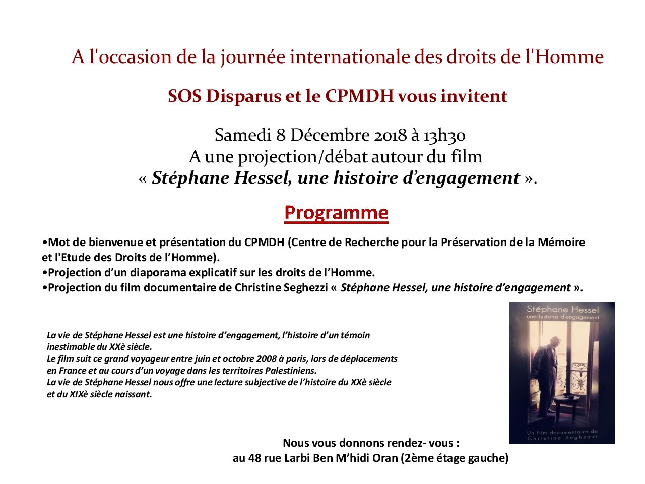 Collectif des Familles de disparus en Algérie — Projection débat autour du film « Stéphane Hessel, une histoire d’engagement »